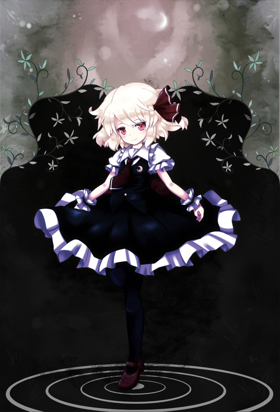 ascot black_legwear blonde_hair cocozasa crescent darkness hair_ribbon highres looking_at_viewer pantyhose plant puffy_sleeves red_eyes ribbon rumia shirt short_hair short_sleeves skirt skirt_set smile solo standing standing_on_one_leg touhou vest vines waves wrist_cuffs