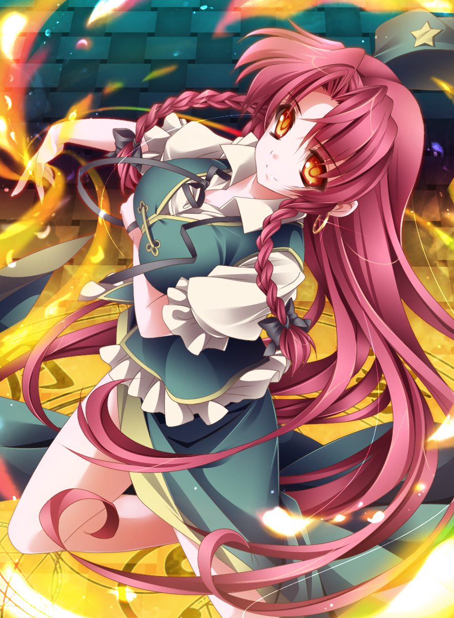 braid breasts brown_eyes chinese_clothes earrings fire flame hair_ribbon hat hat_removed headwear_removed highres hong_meiling jewelry large_breasts long_hair looking_at_viewer magic_circle moneti_(daifuku) puffy_sleeves red_hair ribbon shirt short_sleeves side_slit skirt skirt_set solo star tile_floor tiles touhou twin_braids very_long_hair vest