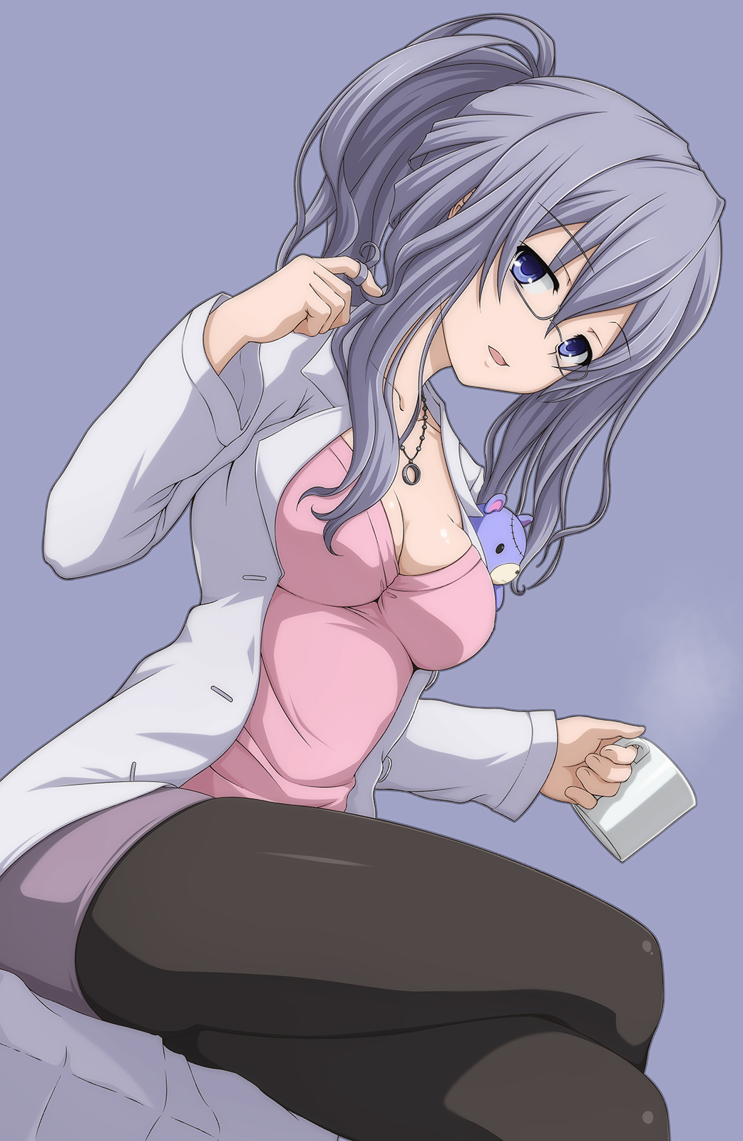 bad_id bad_pixiv_id bags_under_eyes blue_eyes breasts cleavage crossed_legs cup date_a_live glasses hair_between_eyes hair_twirling highres jewelry labcoat long_hair medium_breasts mug murasame_reine open_clothes open_mouth pantyhose pendant ponytail purple_hair shira-nyoro sitting solo stuffed_animal stuffed_toy teddy_bear