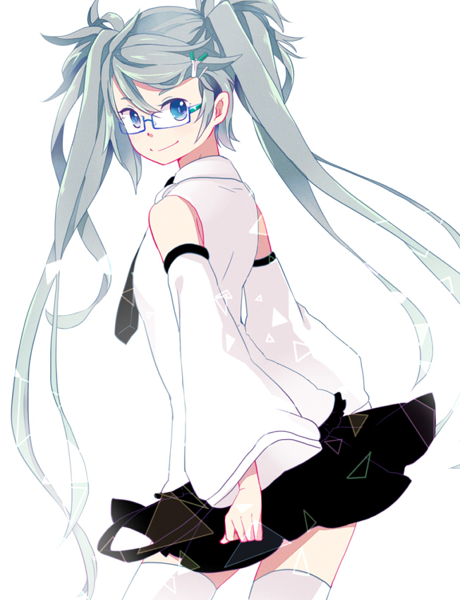 bad_id bad_pixiv_id bespectacled detached_sleeves food_themed_hair_ornament glasses green_hair hair_ornament hairclip hatsune_miku long_hair looking_back necktie skirt smile solo spring_onion spring_onion_hair_ornament thighhighs tomann twintails very_long_hair vocaloid white_background
