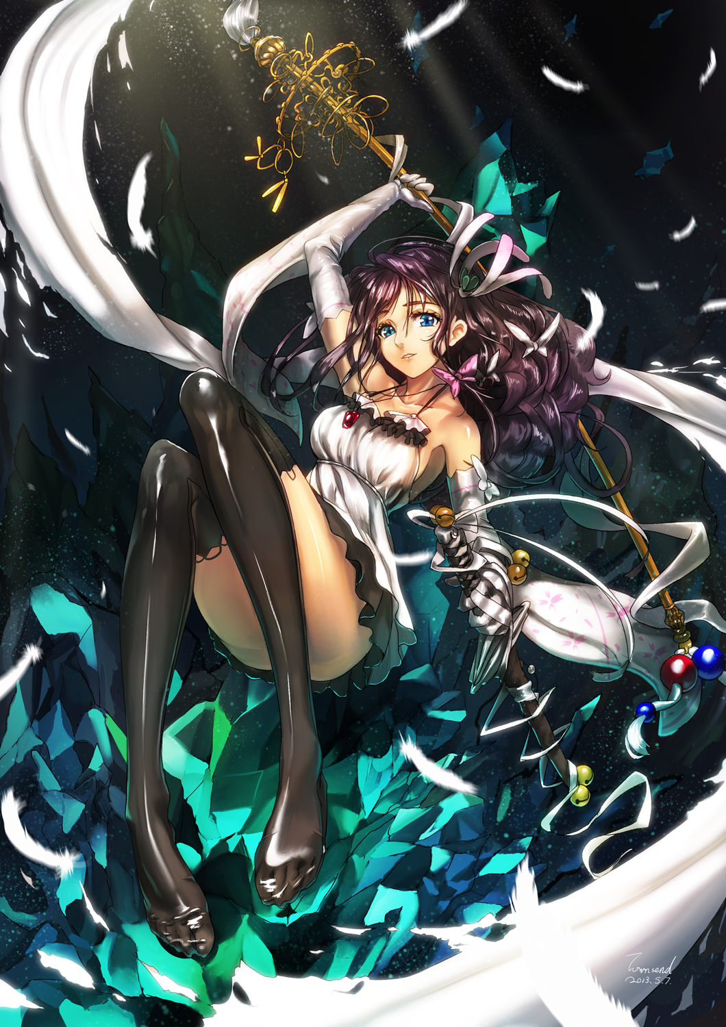 amulet arm_up artist_name black_legwear dated dress elbow_gloves feathers feet gloves glycyrrhizae hair_ornament halterneck highres jewelry long_hair necklace original purple_hair short_dress solo staff thighhighs toes white_dress white_gloves