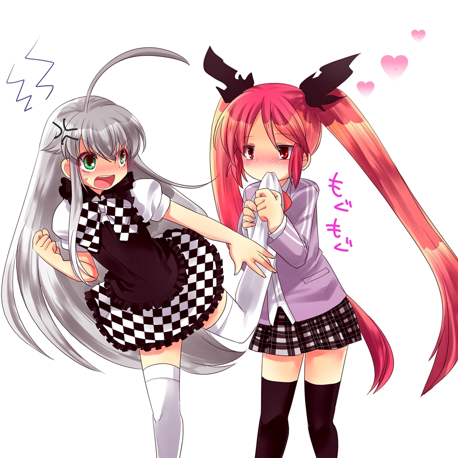 ahoge bad_id bad_pixiv_id black_legwear blush bow checkered cthugha_(nyaruko-san) eating green_eyes haiyore!_nyaruko-san heart kouji_(kari) long_hair long_sleeves multiple_girls nyarlathotep_(nyaruko-san) open_mouth puffy_sleeves red_eyes red_hair school_uniform short_sleeves silver_hair sweatdrop thighhighs twintails very_long_hair white_background white_legwear