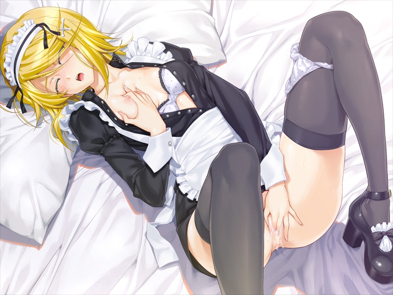 1girl bed blonde_hair blush bra breast_grab breasts censored classy_cranberry's classy_cranberry's eyes_closed fingering game_cg grabbing happoubi_jin high_heels highres kujou_tsubasa lying maid maid_headdress masturbation no_panties open_clothes open_mouth pillow pussy shoes short_hair solo thighhighs underwear