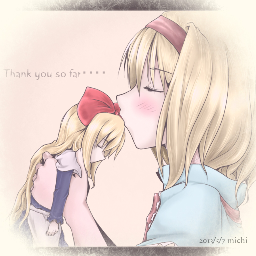 alice_margatroid aosiro-michi apron artist_name blonde_hair blush bow capelet closed_eyes commentary_request dated english eyelashes forehead_kiss hair_bow headband kiss letterboxed long_hair long_sleeves profile shanghai_doll short_hair solo touhou waist_apron