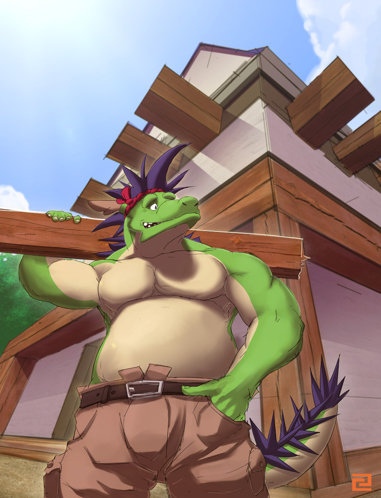 anthro belly biceps big_muscles chinese_dragon chubby clothing cloud clouds construction cuson dragon green_dragon green_scales hair horn house male morenatsu muscles outside pants pecs sky solo tatsuki topless wood