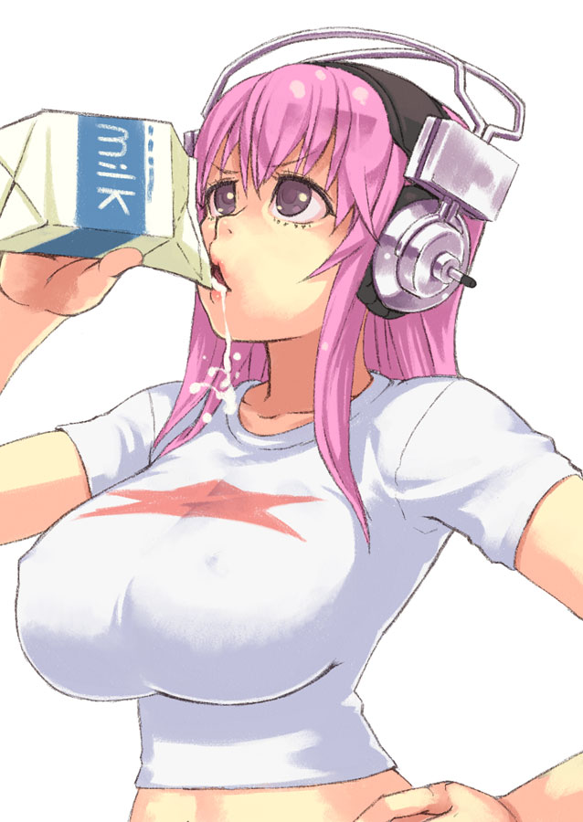 breasts drinking hand_on_hip headphones impossible_clothes impossible_shirt large_breasts milk milk_carton nitroplus pink_hair purple_eyes shirt simple_background solo super_sonico upper_body white_background yuuji_(and)