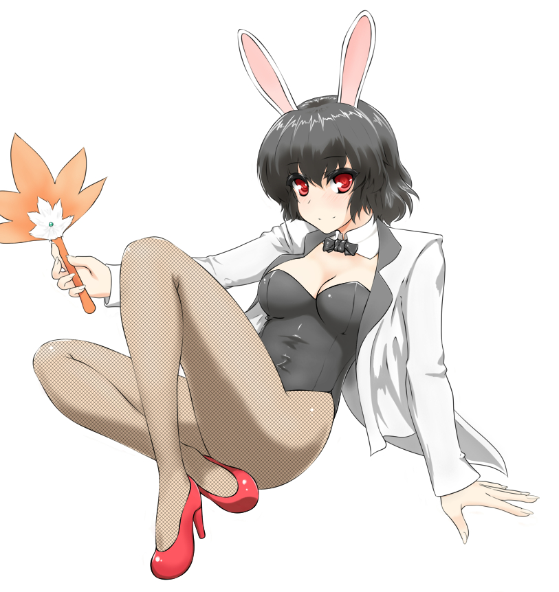 animal_ears black_hair bow bowtie breasts bunny_ears bunnysuit cleavage detached_collar fan fishnet_pantyhose fishnets looking_at_viewer medium_breasts pantyhose red_eyes shameimaru_aya short_hair solo tailcoat touhou youu_(midgard)