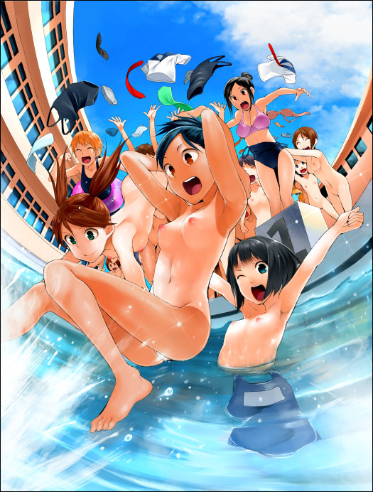:d ;d ^_^ armpits arms_up assisted_exposure bad_id bad_pixiv_id barefoot black_hair blonde_hair blue_eyes blue_sky bra bra_removed breasts brown_hair closed_eyes cloud day fisheye hair_bun happy innertube jumping kawasaki_tadataka multiple_girls navel nipples nude one-piece_swimsuit one-piece_tan one_eye_closed open_mouth original outdoors perspective pool poolside red_eyes school school_swimsuit school_uniform shirt shirt_removed short_hair skinny_dipping sky small_breasts smile splashing starting_block swimsuit swimsuit_removed tan tanline throwing twintails underwear undressing wading water