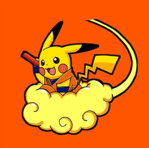 anime cloud crossover cute dragon_ball dragon_ball_z flying goku happy male mouse nintendo orange_background pikachu plain_background pointy_ears pok&eacute;mon polearm raised_arm riding rodent smile solo staff tongue unknown_artist video_games weapon yellow_fur