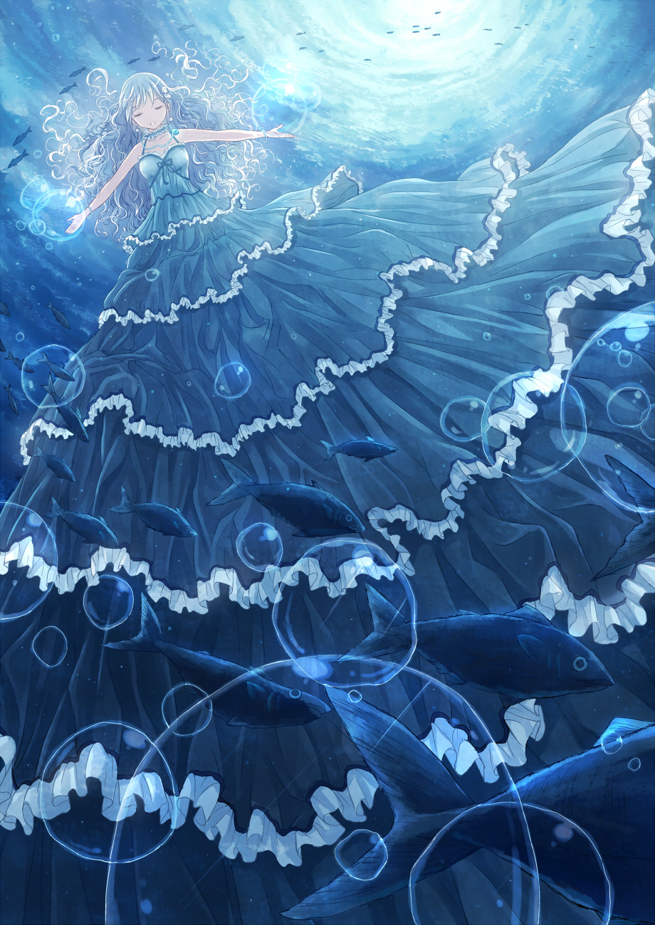 blue blue_dress bubble closed_eyes dress earrings fish frills glowing hair_ornament highres jewelry long_hair open_mouth original outstretched_arms solo spread_arms too_many too_many_frills underwater wavy_hair wet wet_clothes yakka