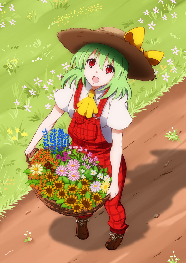 adapted_costume ascot bad_id bad_pixiv_id basket cross-laced_footwear daisy flower from_above grass green_hair hat hat_ribbon julius_yu kazami_yuuka looking_at_viewer looking_up open_mouth overalls path pigeon-toed plaid red_eyes ribbon road shadow short_hair solo straw_hat sunflower touhou