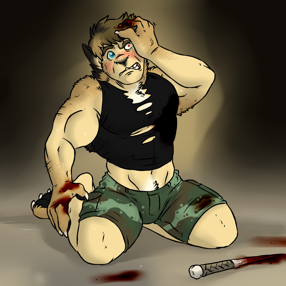 aggrobadger anthro biceps blood blue_eyes blush bulge canine claws clenched_teeth clothing dog german_shepherd heterochromia human kneeling knife male mammal muscle_growth muscles pecs red_eyes shirt shorts solo sweat tank_top teeth torn_clothing transformation