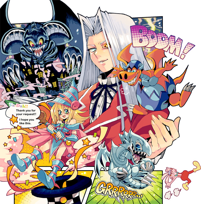bare_shoulders bare_tree blonde_hair blue-eyes_toon_dragon blue_eyes blue_neckwear boots bow bowtie bridge broken_egg checkered checkered_hat clenched_teeth comic confetti cross demon_horns demon_wings double-breasted dragon duel_monster dust_cloud english fog frilled_shirt_collar frilled_sleeves frills funny_bunny gauntlets goggles goggles_on_head green_neckwear hair_over_one_eye hat horns jacket lamppost li_mone magenta_eyes magical_hats manga_ryu_ran millennium_eye monster naked_overalls neck_ribbon overalls panels parted_lips pegasus_j_crawford pentacle pentagram pink_skirt red_jacket red_sclera ribbon ringed_eyes rubber_boots silver_hair skeleton skirt sound_effects speech_bubble spots staff star streamers suit_jacket teeth tombstone toon_dark_magician_girl toon_summoned_skull toon_world top_hat tree wand wings witch_hat yellow_footwear yellow_sclera yuu-gi-ou yuu-gi-ou_duel_monsters
