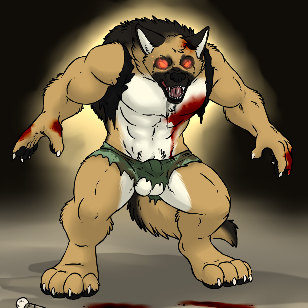 aggrobadger animal_genitalia anthro balls biceps blood brown_fur bulge canine canine_penis claws clothing dog dripping flaccid fur german_shepherd glowing glowing_eyes looking_at_viewer male mammal muscle_growth muscles open_shirt pecs penis poking_out pose presenting saliva sheath shirt shorts solo standing toe_claws torn_clothing transformation were werewolf wolf