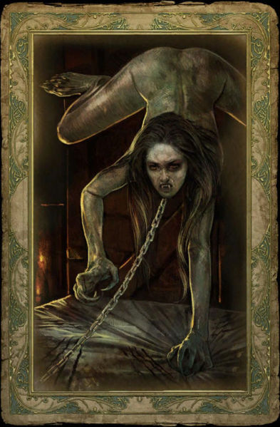 back bed chain claws dark dark_hair demon female hair long_hair not_furry nude rassook solo the_witcher upside_down vampire