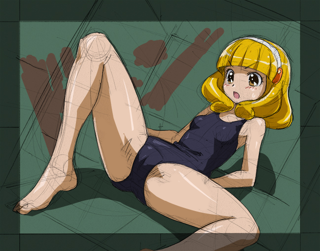 blonde_hair blush hairband kise_yayoi one-piece_swimsuit precure rohitsuka short_hair sketch smile_precure! solo spread_legs swimsuit white_hairband yellow_eyes