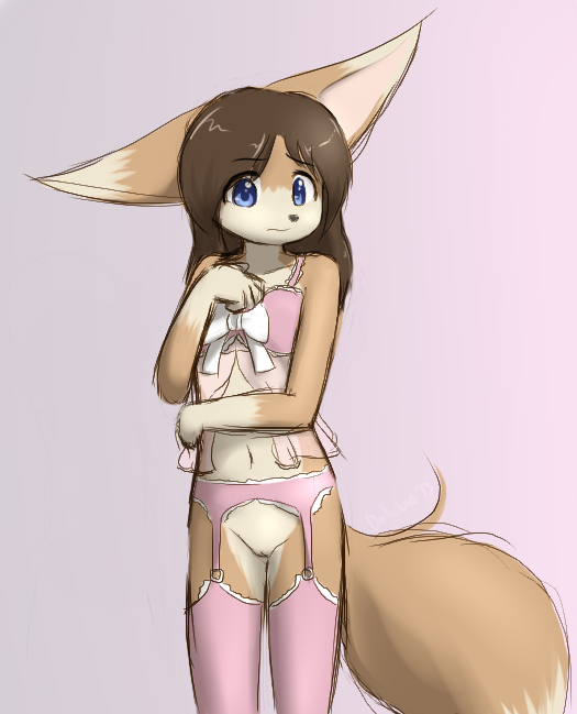 big_ears blue_eyes breasts brown_hair canine chelsea_(delicious) chelsea_larimore delicious_(artist) female fennec fox garter_belt hair legwear lingerie mammal nervous pussy small_breasts solo stockings thigh-highs thigh_highs young