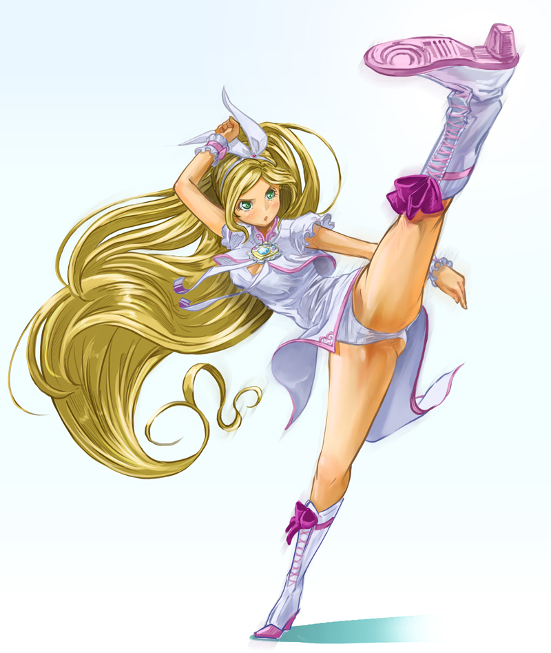 alternate_costume blonde_hair boots bow brooch cure_rhythm full_body goru_(cure_golgom) green_eyes hairband jewelry kicking knee_boots long_hair magical_girl minamino_kanade miniskirt panties pink_bow precure serious skirt solo suite_precure underwear white_background white_panties