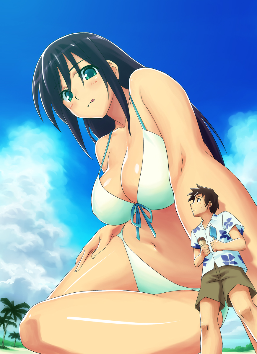 1boy 1girl :p bare_shoulders beach bikini black_hair blush breasts brown_hair cloud food giantess green_eyes highres holding ice_cream large_breasts licking_lips lip_licking long_hair looking_back looking_up midriff navel original profile short_hair shorts sitting size_difference sky standing sweatdrop swimsuit teston thighs tongue tongue_out tree white_bikini white_swimsuit