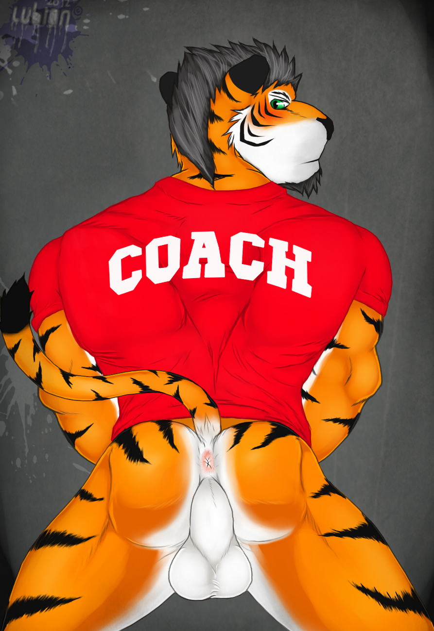 balls blush bottomless butt clothing coach facial_hair feline fur goatee green_eyes hair looking_at_viewer lubion male mammal muscles perineum presenting presenting_hindquarters shirt solo spread_legs spreading tiger