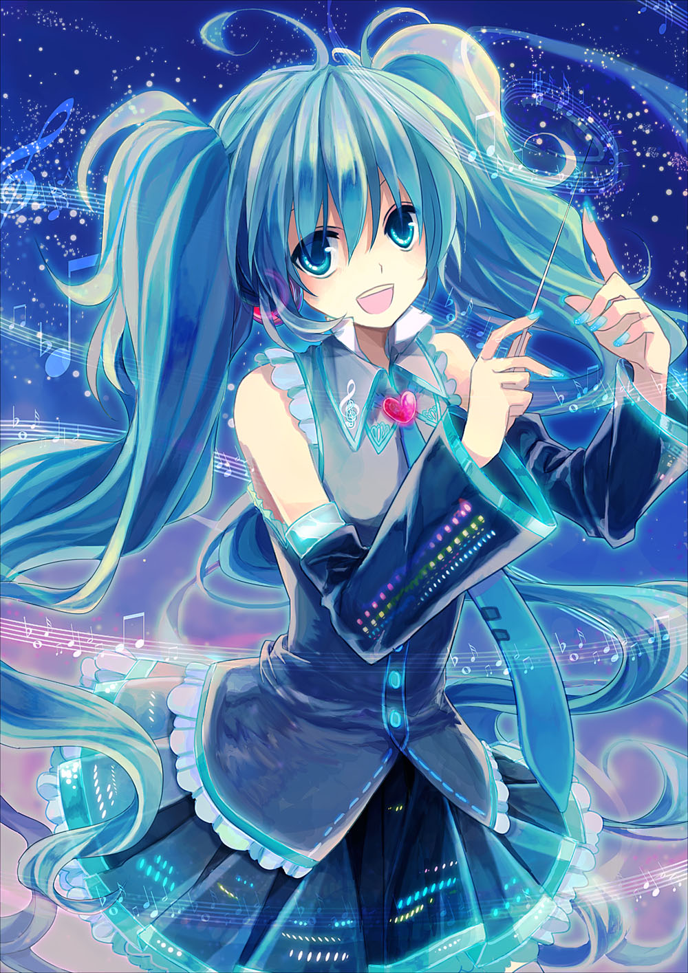 ahoge aqua_eyes aqua_hair bad_id bad_pixiv_id baton_(instrument) beamed_eighth_notes beamed_sixteenth_notes detached_sleeves flat_sign half_note hatsune_miku heart highres long_hair musical_note nail_polish necktie open_mouth quarter_note sharp_sign sixteenth_note smile solo t_miyanagi treble_clef twintails vocaloid whole_note