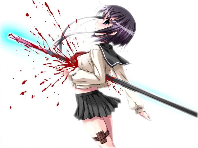 blood blue_eyes from_side guro impaled pleated_skirt school_uniform short_hair simple_background skirt solo white_background