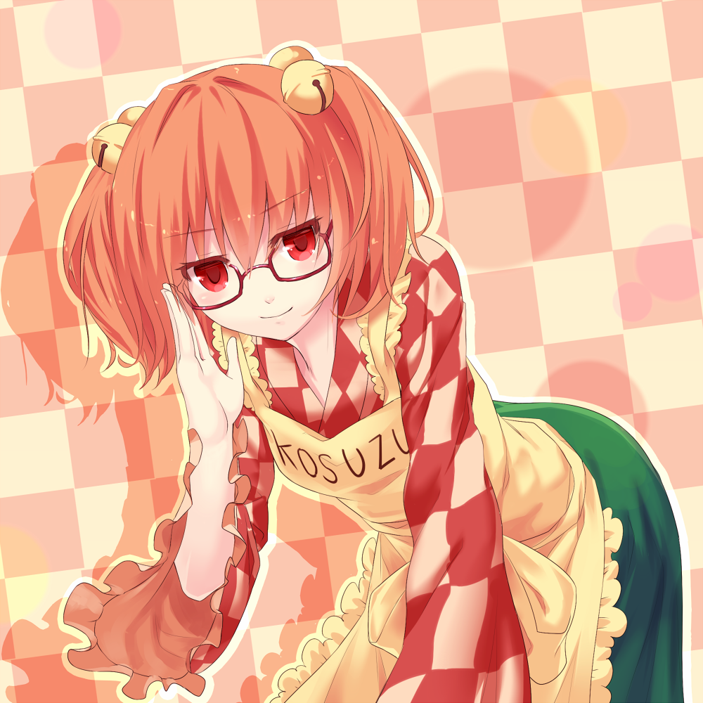 apron bell blush checkered checkered_background clothes_writing glasses hair_bell hair_ornament jingle_bell leaning_forward looking_at_viewer motoori_kosuzu orange_hair red-framed_eyewear red_eyes short_hair smile solo touhou two_side_up yonaga_(masa07240)