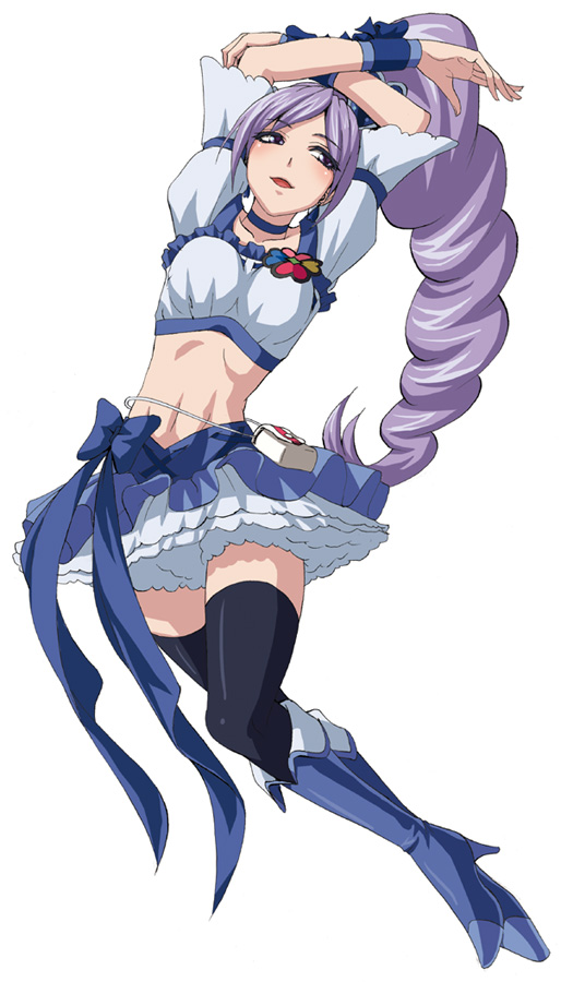 aono_miki arms_up blue_choker blue_footwear blue_skirt boots choker cure_berry fresh_precure! full_body knee_boots midriff minarai_zouhyou ponytail precure purple_eyes purple_hair simple_background skirt solo thighhighs white_background zettai_ryouiki