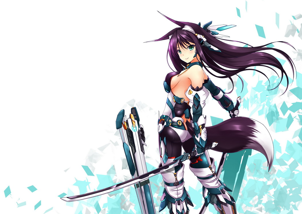 animal_ears armor ass bodysuit breasts detached_sleeves dual_wielding fatkewell fox_ears fox_tail from_behind gauntlets greaves green_eyes headgear holding holding_sword holding_weapon katana looking_at_viewer looking_back medium_breasts original purple_hair sheath sideboob standing sword tail weapon
