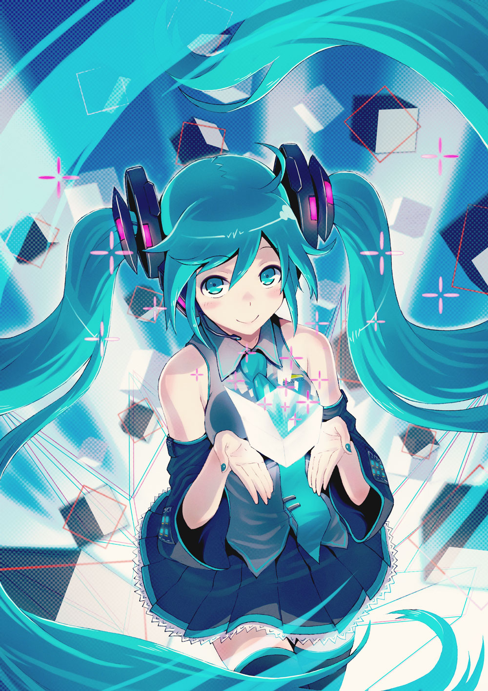 40hara aqua_eyes aqua_hair detached_sleeves hatsune_miku headset highres long_hair looking_at_viewer nail_polish necktie skirt smile solo thighhighs twintails very_long_hair vocaloid