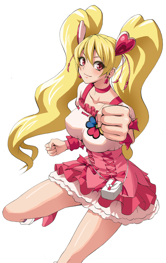 blonde_hair bow choker clenched_hands cure_peach earrings foreshortening fresh_precure! hair_ornament heart heart_hair_ornament jewelry long_hair looking_at_viewer minarai_zouhyou momozono_love outstretched_arm pink_bow pink_choker pink_eyes precure simple_background smile solo twintails white_background