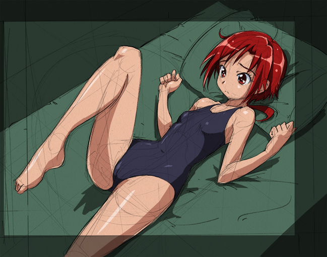 bed hino_akane_(smile_precure!) lying on_back one-piece_swimsuit pillow precure red_eyes red_hair rohitsuka short_hair smile_precure! solo swimsuit