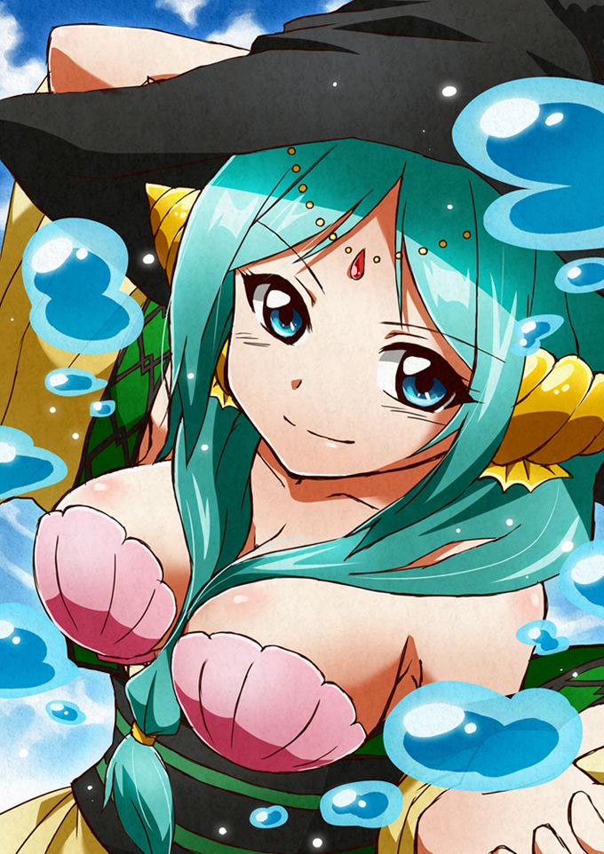 aqua_hair bare_shoulders between_breasts blue_eyes breasts bubble hat large_breasts long_hair magi_the_labyrinth_of_magic shell shell_bikini smile solo tenten_(tenten2) witch_hat yamuraiha