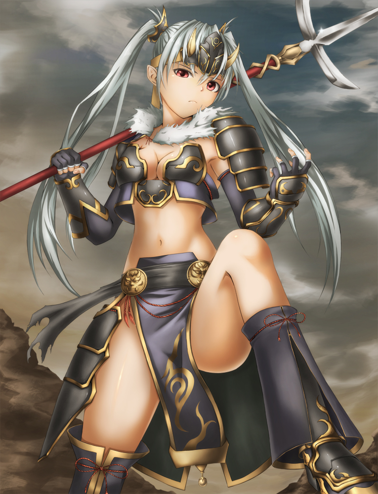 1girl armor bikini_armor breasts cleavage long_hair original polearm r-gray_(ash-to_ash) red_eyes silver_hair solo spear twintails very_long_hair warrior weapon