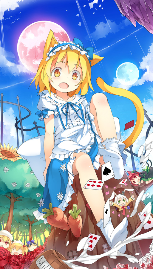 :d alice_margatroid alice_margatroid_(pc-98) animal_ears black_hair blonde_hair blue_hairband bow bunny_ears card carrot cat_ears cat_tail chestnut_mouth drill_hair fang flower fred04142 full_moon hair_bow hairband heart kaenbyou_rin kemonomimi_mode komeiji_koishi looking_at_viewer luna_child milk minigirl moon multiple_girls multiple_tails open_mouth playing_card red_eyes red_flower red_hair red_rose rose short_hair skirt smile socks star_sapphire sunflower sunny_milk tail third_eye touhou tree_stump twintails white_legwear yellow_eyes