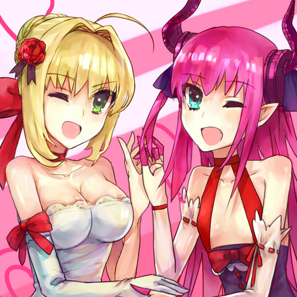 blonde_hair blue_eyes breasts dress elbow_gloves elizabeth_bathory_(fate) elizabeth_bathory_(fate)_(all) fate/extra fate/extra_ccc fate_(series) flower gloves green_eyes hair_flower hair_intakes hair_ornament izumi_minato long_hair medium_breasts multiple_girls nero_claudius_(fate) nero_claudius_(fate)_(all) one_eye_closed pink_hair pointy_ears small_breasts two_side_up