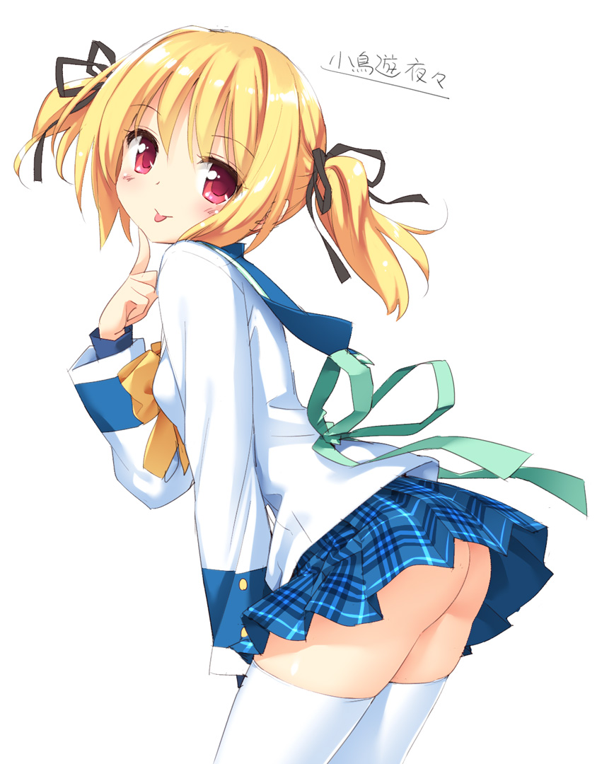 :p ass blonde_hair blush character_name clover_point copyright_request finger_to_face hair_ribbon looking_at_viewer no_panties peko plaid plaid_skirt red_eyes ribbon school_uniform short_hair simple_background skindentation skirt smile solo takanashi_yaya thighhighs tongue tongue_out twintails white_background white_legwear
