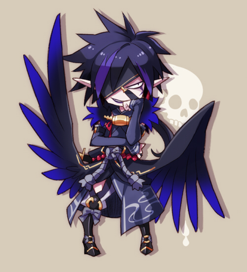 ars_goetia black_hair boots brown_background chibi eyepatch japanese_clothes knee_boots kyousaku male_focus multicolored_hair mygrimoire pointy_ears purple_hair raum_(mygrimoire) smile solo spiked_hair two-tone_hair wings