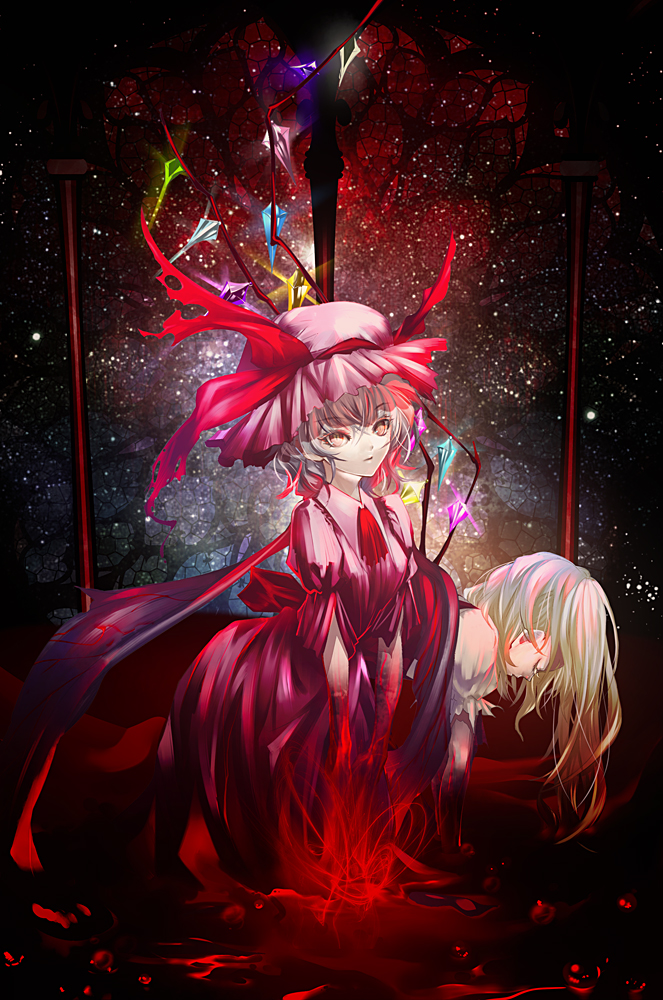 blonde_hair dress flandre_scarlet garam_masala gem hat multiple_girls orange_eyes pink_dress remilia_scarlet short_hair siblings sisters touhou white_hair wings