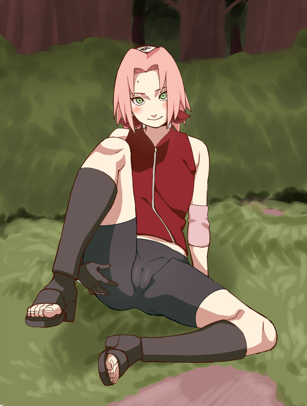 1girl arm_support arm_warmers ass bare_shoulders bike_shorts black_boots black_gloves blush boots cameltoe crotch feet flat_chest gloves grass green_eyes hand_on_ass haruno_sakura head_tilt headband knee_up legs looking_at_viewer naruto ninja on_ground open_toe_shoes pink_hair presenting pussy shirt short_hair shorts sitting skin_tight sleeveless sleeveless_shirt smile solo spread_legs sweat thighs toenails toes