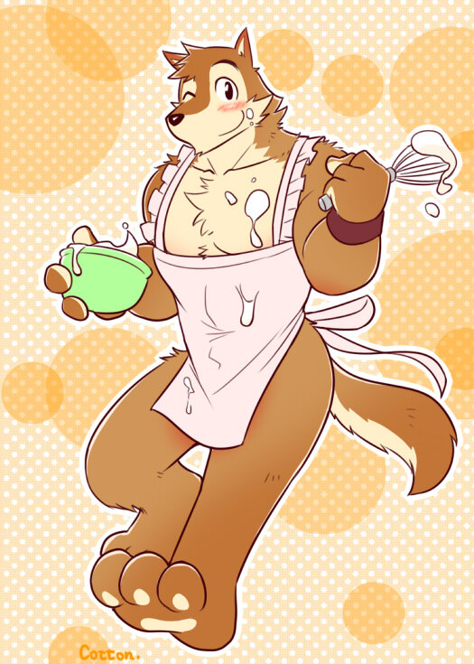 apron baking blush bottomless canine chest_tuft clothed clothing cotton_(artist) food fur looking_at_viewer male mammal messy muscles one_eye_closed pattern_background paws plain_background simple_background smile solo tuft whisk wink wolf wuffle