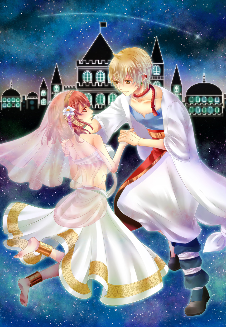 1girl ali_baba_saluja anklet back bad_id bad_pixiv_id barefoot blonde_hair bracelet dancing dress earrings feet hair_ornament harem_outfit highres holding_hands howafuwahitsuji jewelry magi_the_labyrinth_of_magic morgiana night palace red_hair robe see-through short_hair soles star veil yellow_eyes