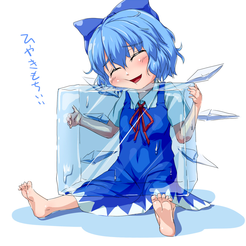 barefoot blue_dress blue_hair blush bow cheek_press cirno closed_eyes dress full_body hair_bow ice ice_wings open_mouth shirt short_hair short_sleeves simple_background sitting smile solo touhou translated waribashi-p white_background wings