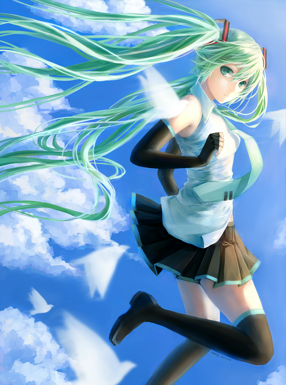 bird boots cloud day detached_sleeves elbow_gloves gloves green_eyes green_hair hatsune_miku highres long_hair skirt sky solo thigh_boots thighhighs twintails very_long_hair vocaloid xianchyj