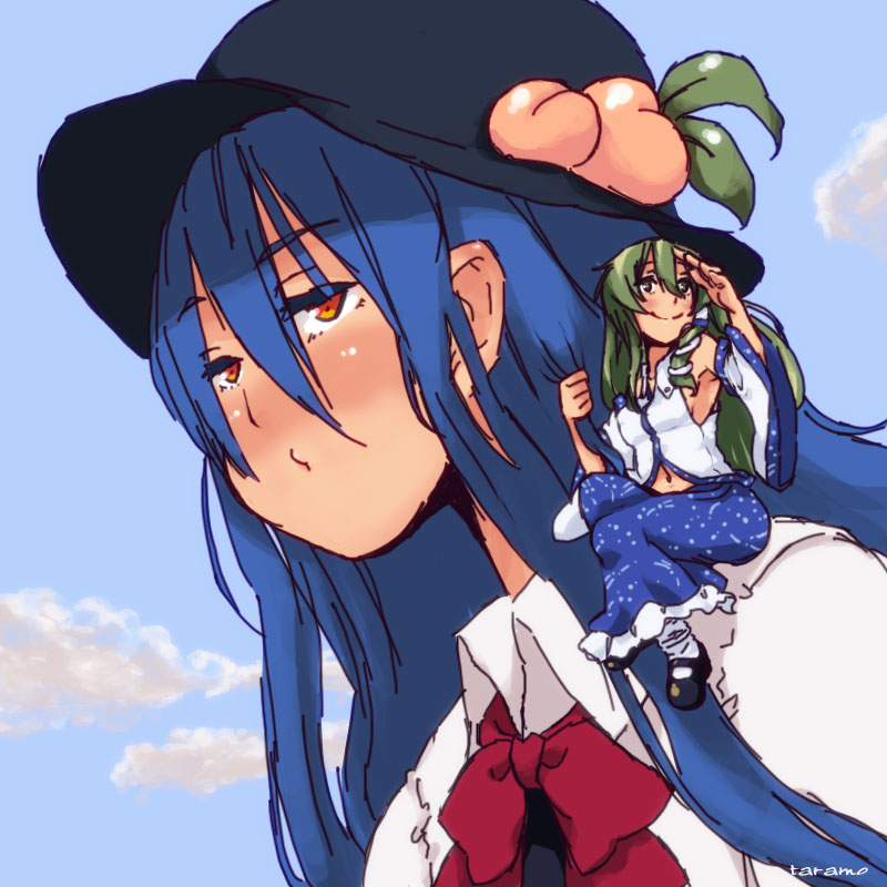 bow bowtie day food frills fruit giantess hair_grab hair_ornament hinanawi_tenshi jitome kochiya_sanae long_hair mary_janes midriff multiple_girls navel on_shoulder peach pout shoes sitting_on_shoulder sky snake_hair_ornament taramo touhou