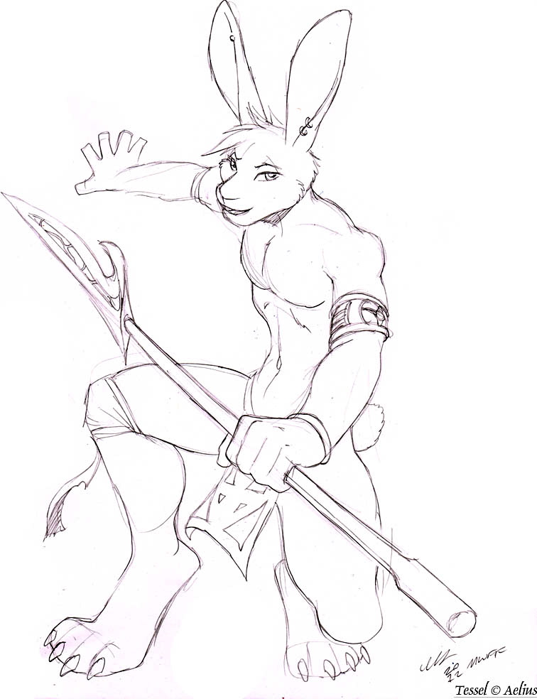 lagomorph male mammal piercing polearm rabbit solo spear tessel tribal