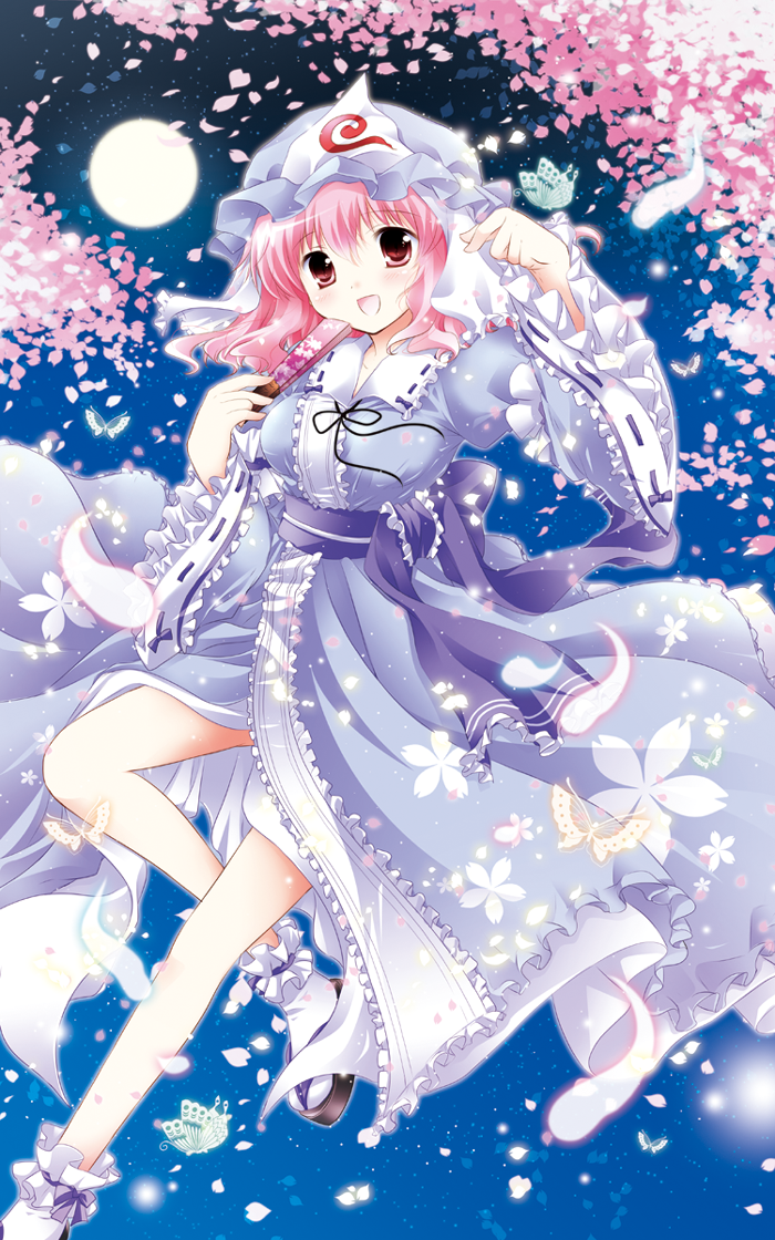 breasts bug butterfly cherry_blossoms closed_fan fan folding_fan full_moon geta hat hitodama insect japanese_clothes light_particles medium_breasts moon night obi open_mouth petals pink_eyes pink_hair ribbon saigyouji_yuyuko sandals sash short_hair smile touhou triangular_headpiece white-brown wide_sleeves