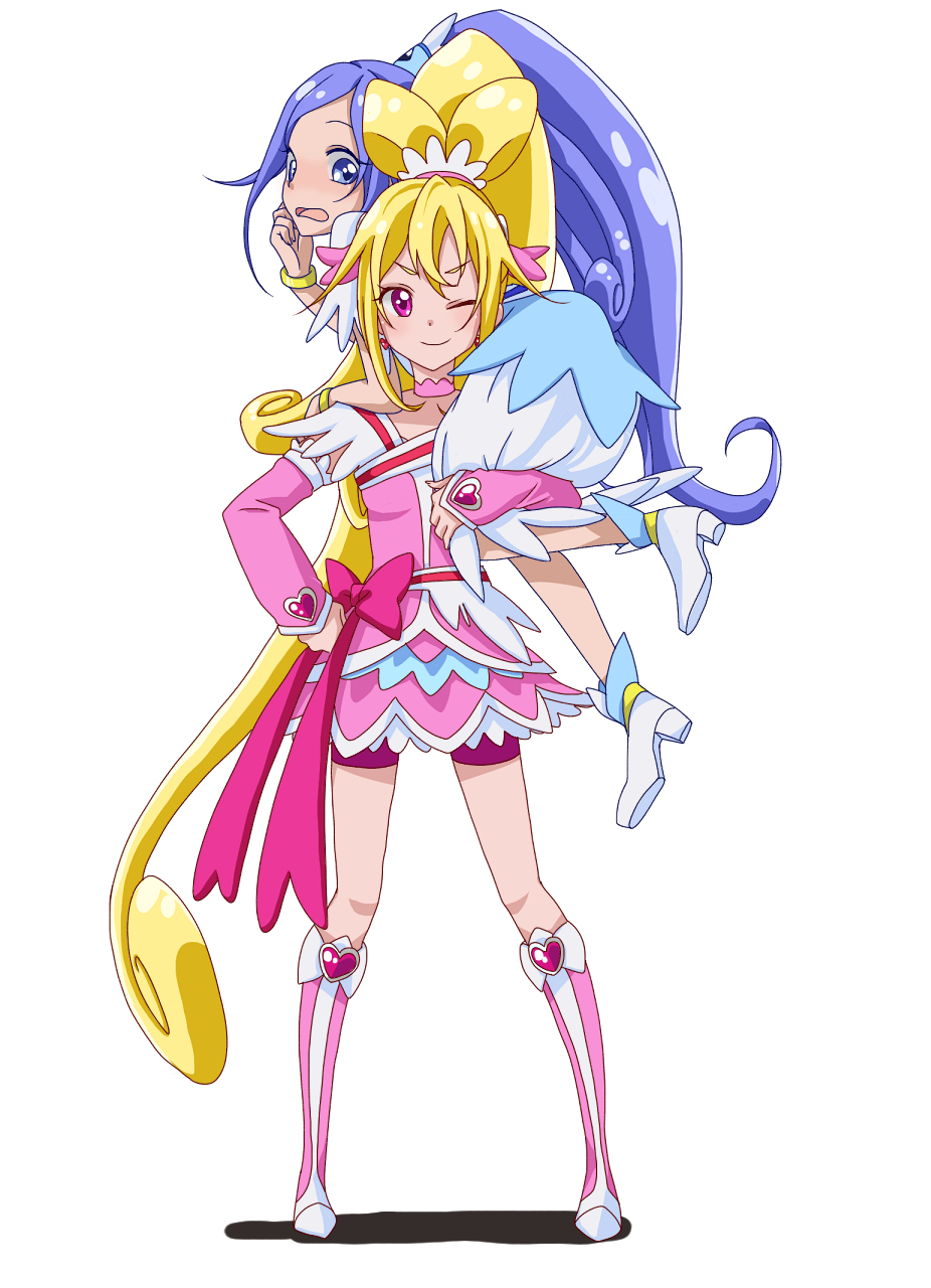 8041mm aida_mana blonde_hair blue_eyes blue_hair blush boots bow carrying_over_shoulder cure_diamond cure_heart dokidoki!_precure hand_on_hip highres hishikawa_rikka knee_boots long_hair multiple_girls one_eye_closed pink_bow pink_eyes pink_footwear pink_sleeves precure shadow simple_background smile standing white_background yuri