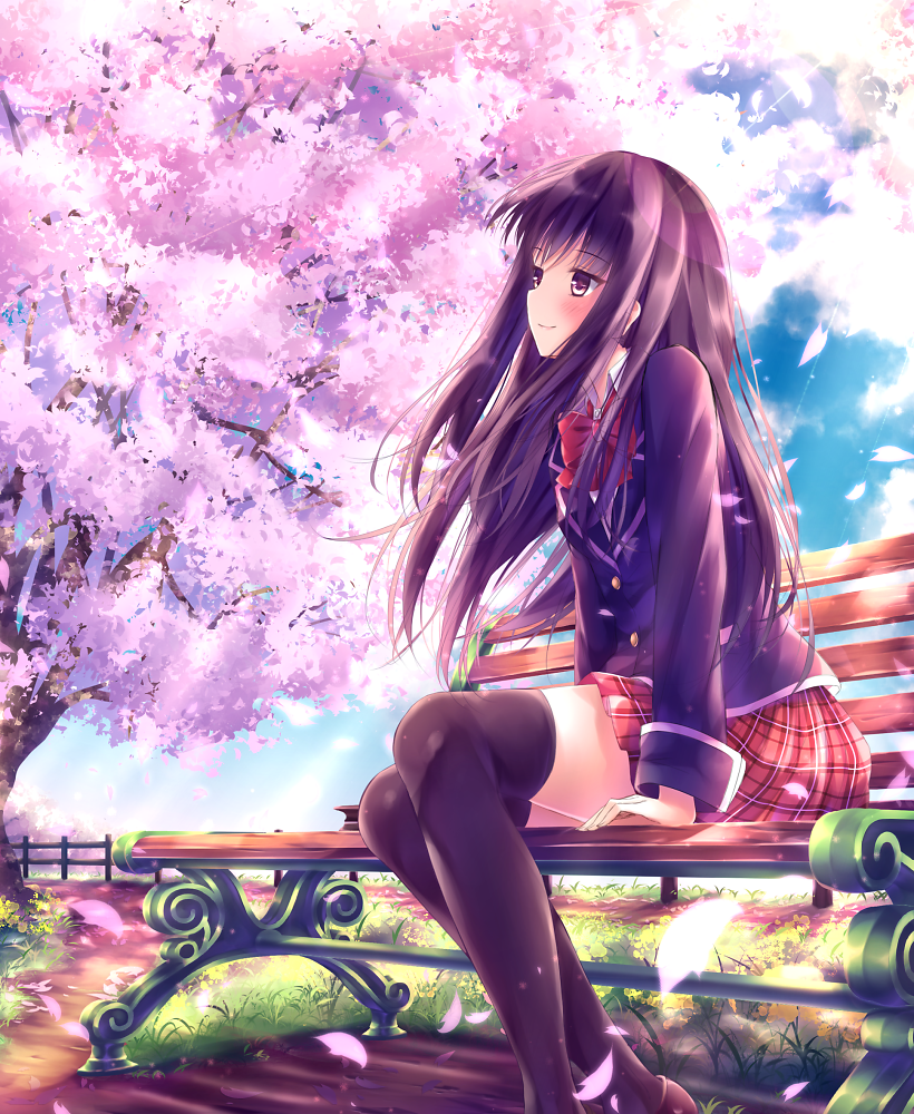 bangs bench black_legwear blazer blush brown_eyes brown_hair cherry_blossoms cloud commentary_request day eyebrows_visible_through_hair jacket lens_flare long_hair long_sleeves original outdoors peaceful petals plaid plaid_skirt profile school_uniform sitting skirt sky solo thighhighs tree yasuno_(airy_light) zettai_ryouiki