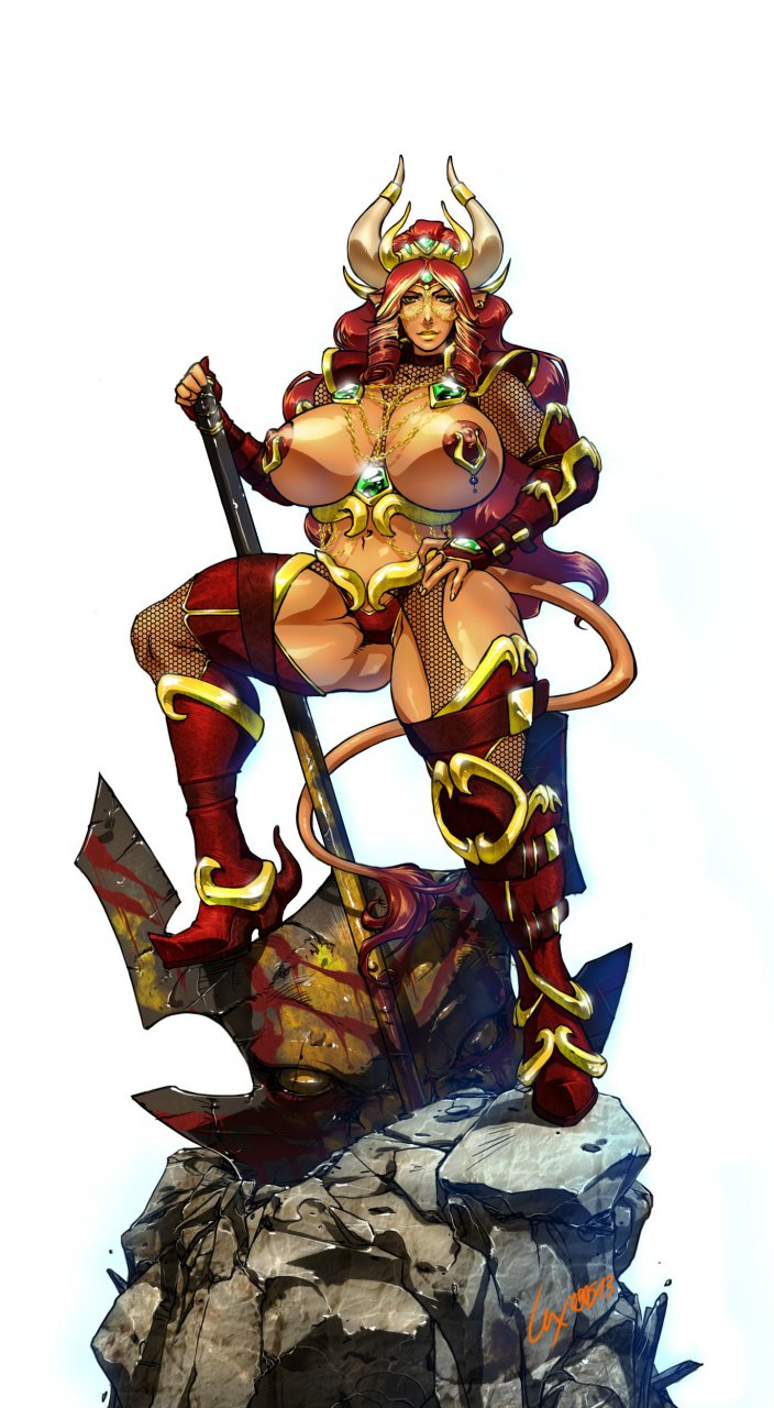 axe big_breasts breasts corruption_of_champions erect_nipples excellia_(coc) female hair horn huge_breasts jewelry long_hair looking_at_viewer minotaur navel ninon nipple_piercing nipples piercing plain_background smile solo topless two_tone_hair weapon white_background yellow_eyes